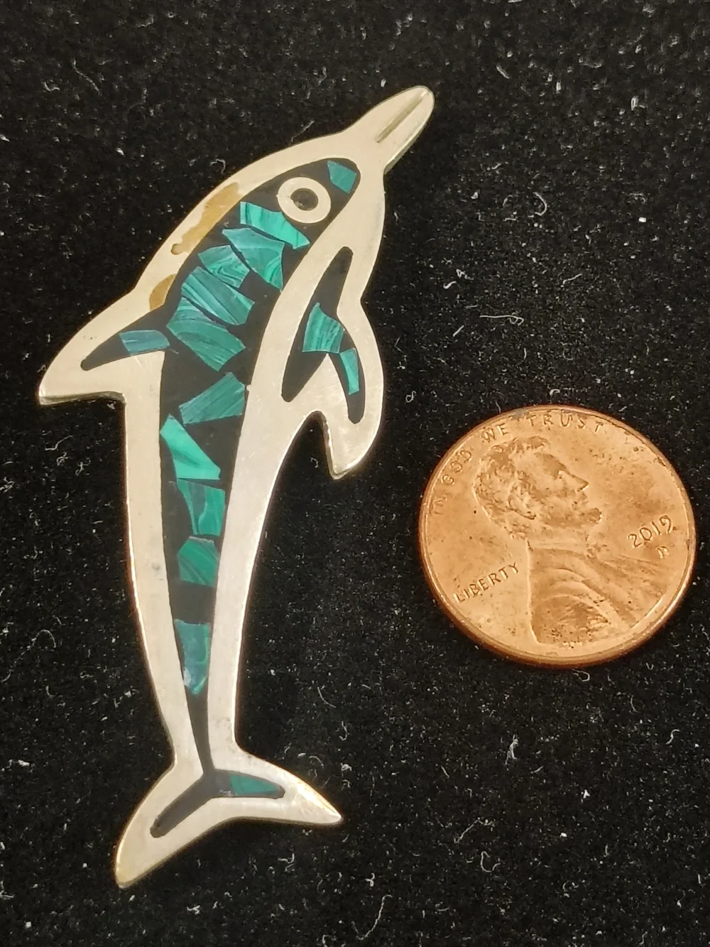 VTG Mexico 925 Sterling Silver Malachite Inlay Dolphin Pin Brooch Heavy 9.6g